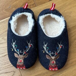 Joules Navy Kids Reindeer Slippers with Embroidered Lights